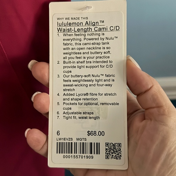 NWT lululemon Align Waist-Length Cami C/D | Size 6 - Magenta Smoke - Picture 3 of 4